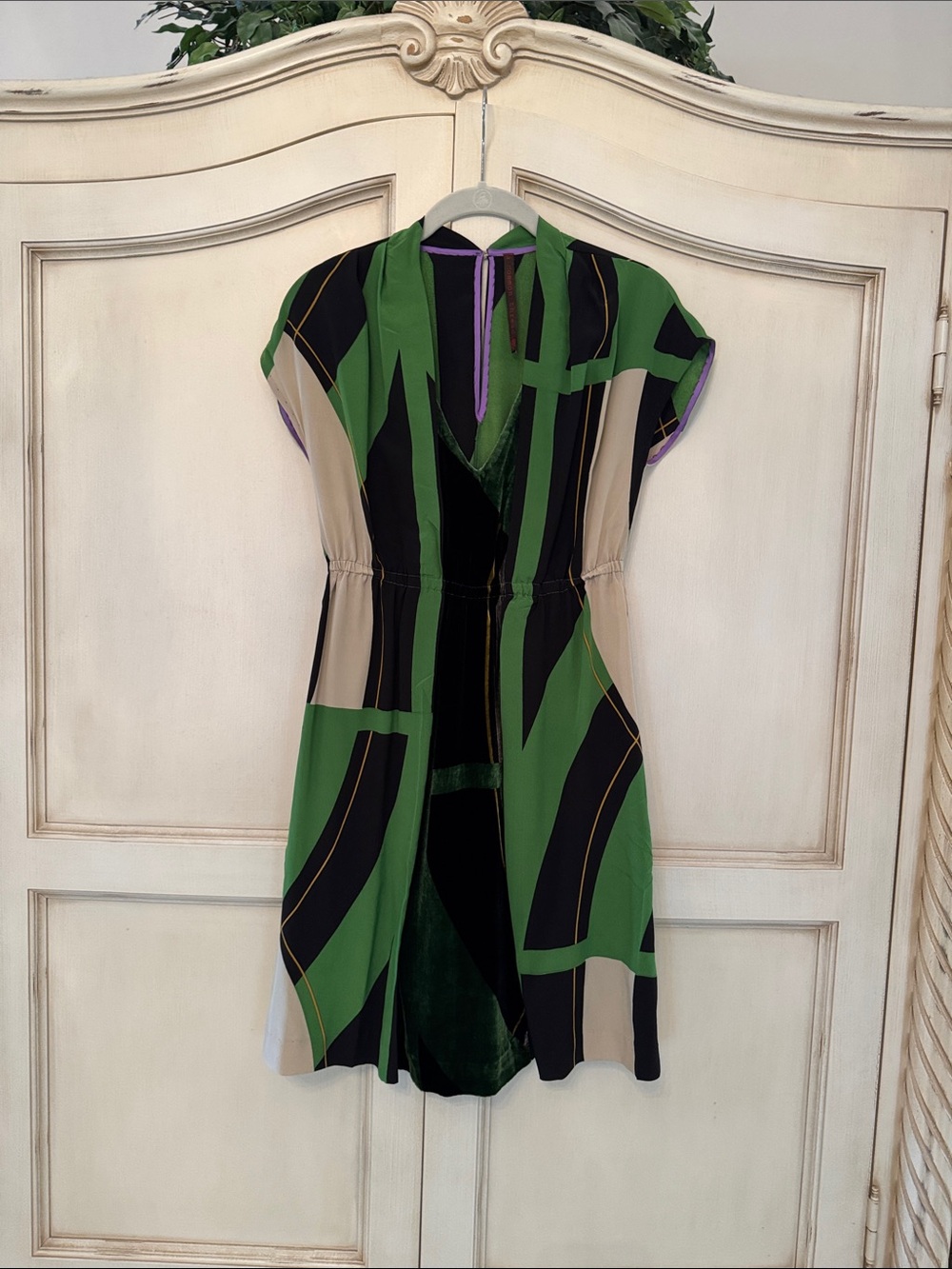 Green Multi-Stripe Short Dress with V-Neck